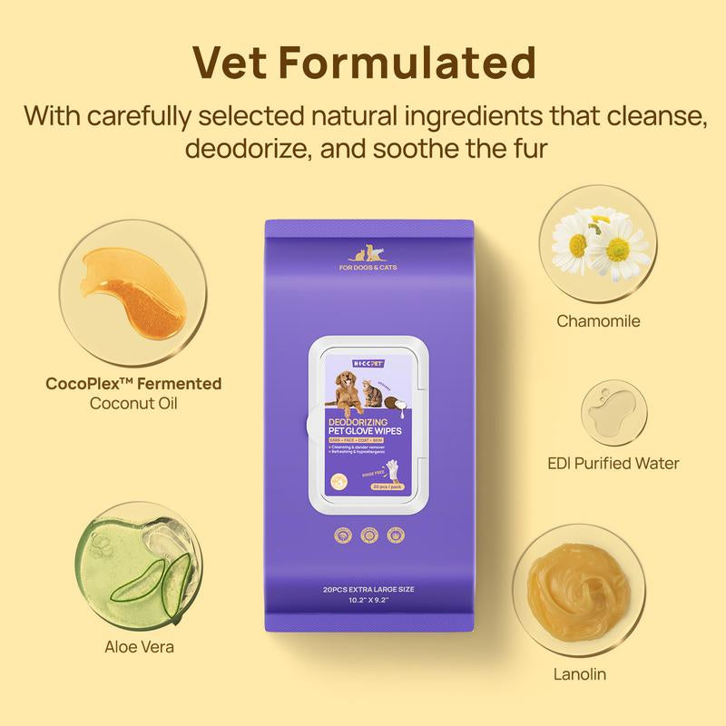 HICC PET Glove Wipes，Freshening Grooming Dog&Cat Disposable 20Pcs Pet Hair Removal Tool Satisfied Skin Care Outdoor No-Clean Hypoallergenic Facial Disposable No-Rinse Grooming Formulated for Petwipes Deodorizing Sticky Hair#Petlife